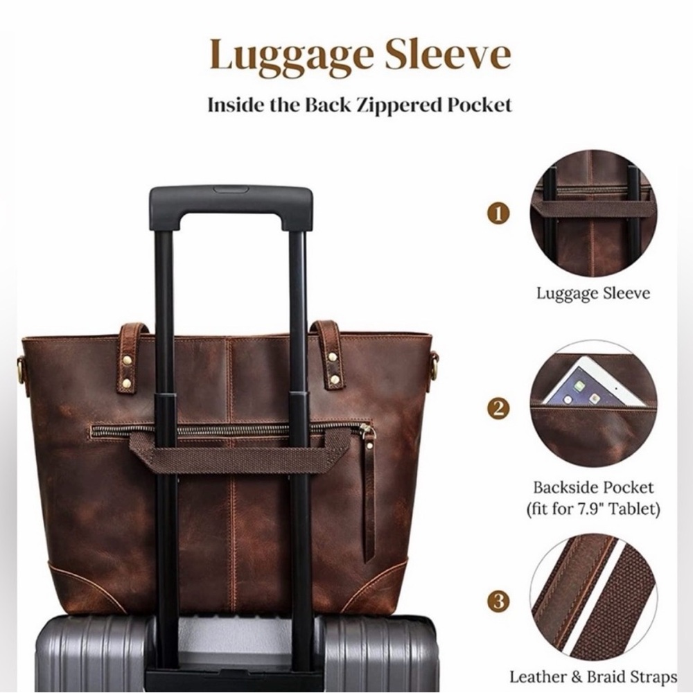 S-Zone Distressed Leather Tote Bag Brown Laptop Work Bag + Card Holder - Picture 4 of 13